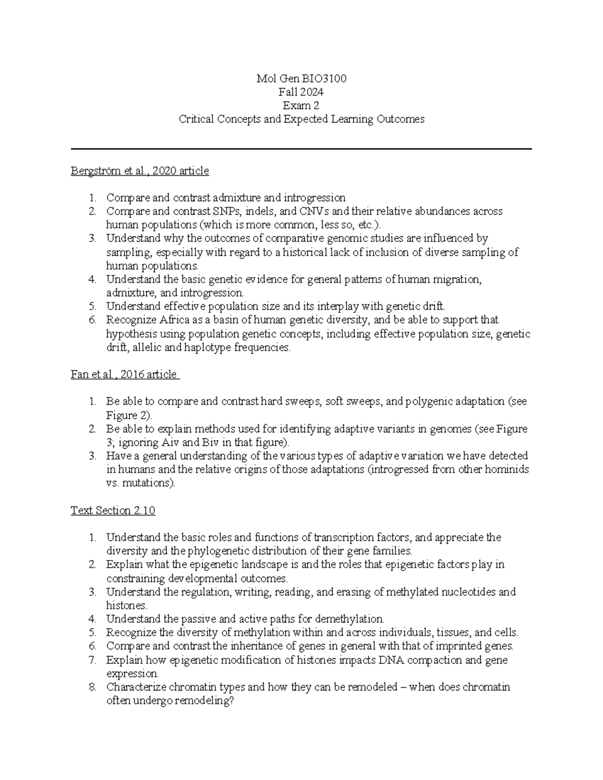 Molecular Genetics BIO3100 Fall 2024 Exam 2 Concepts and Outcomes - Mol ...