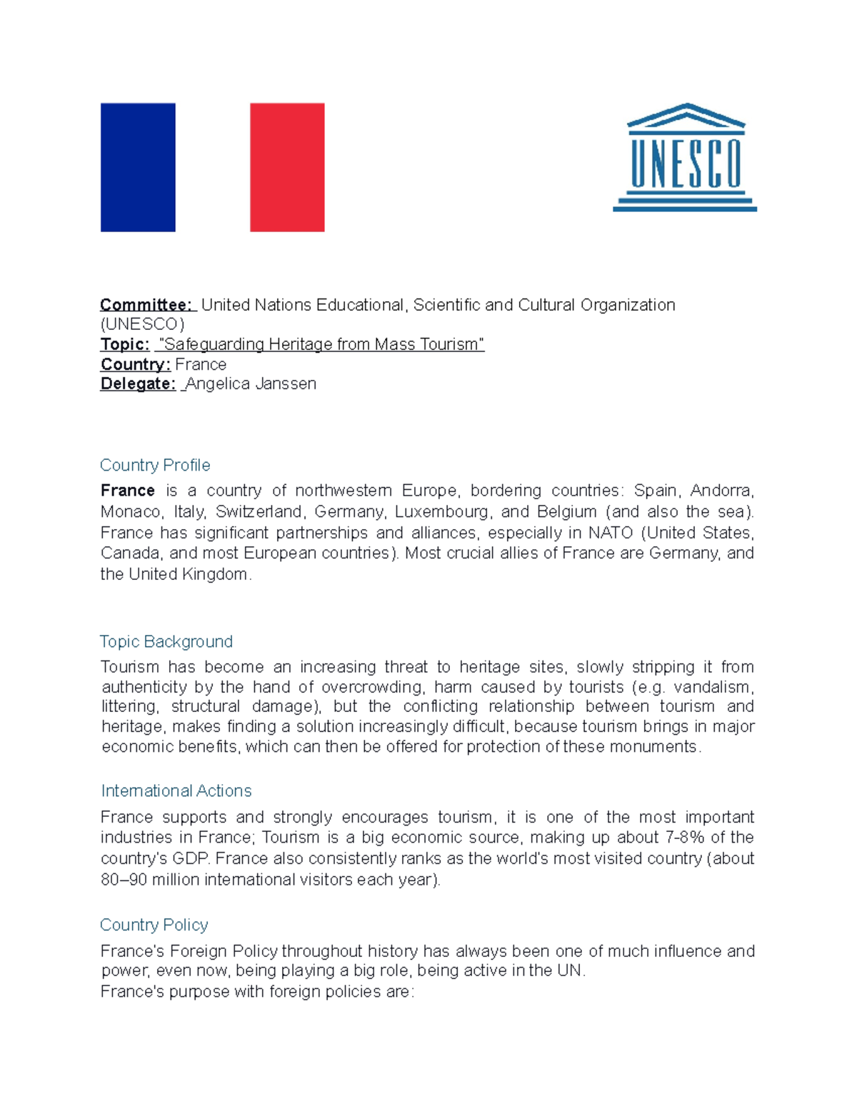 MUN Position Paper: UNESCO France - Heritage & Tourism Challenges ...