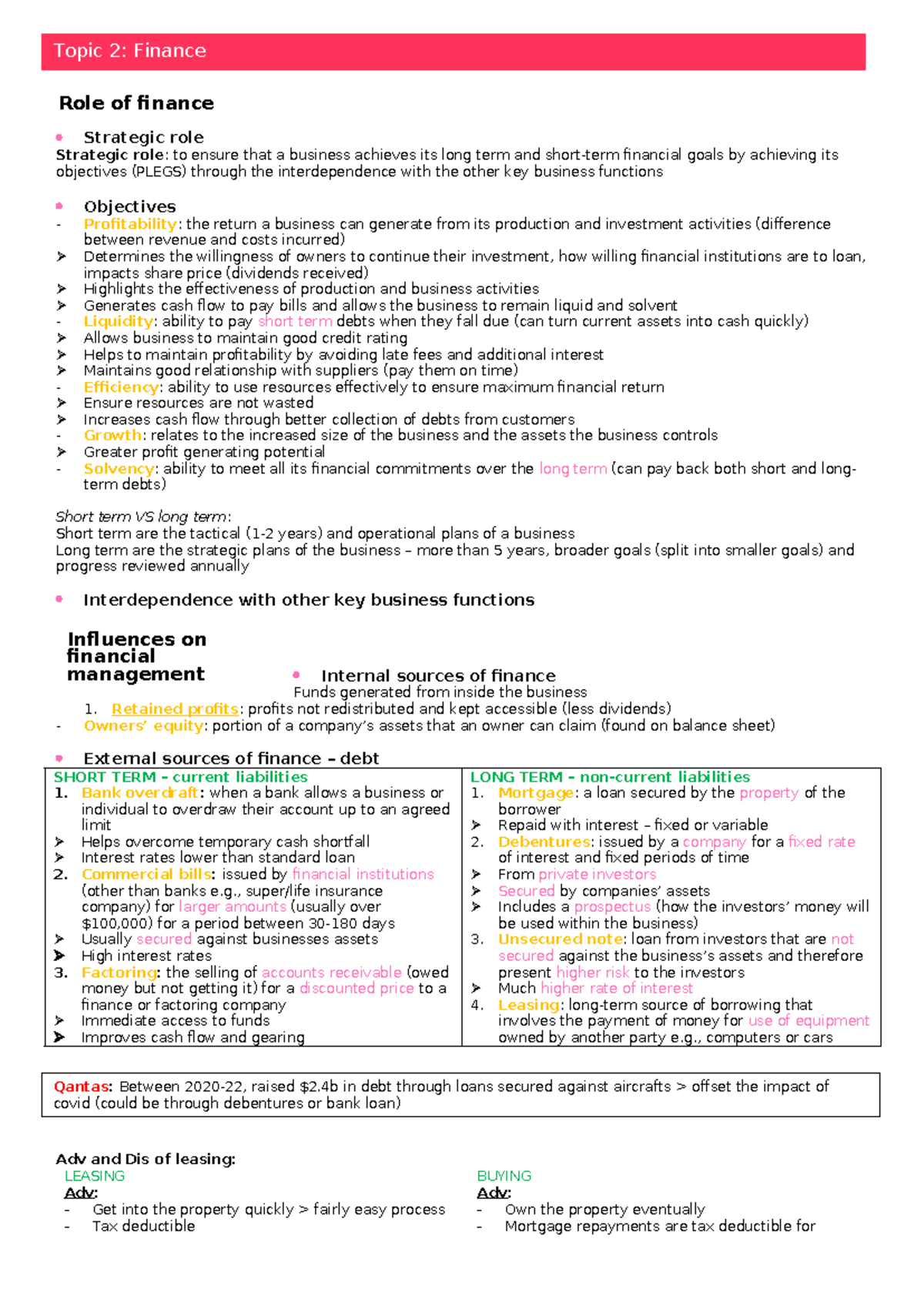 Finance Notes (BUSFAIL): Strategic Role and Objectives of Finance - Studocu