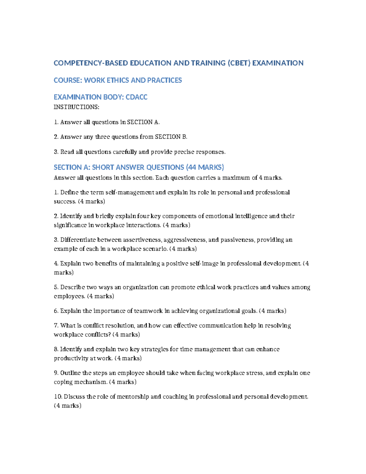 CBET Work Ethics Exam: Key Concepts & Strategies - Studocu
