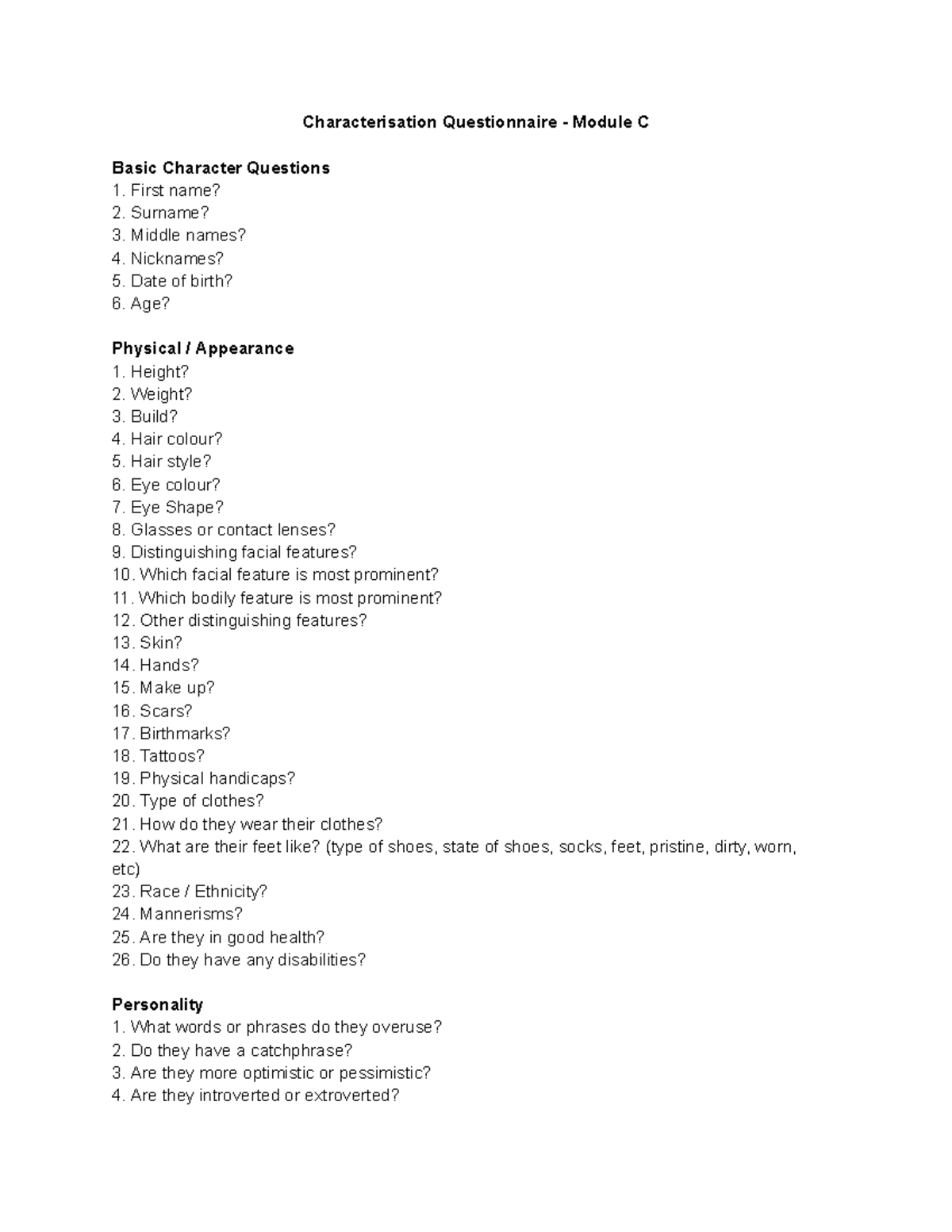 Characterisation Questionnaire - Module C: Basic Character Insights ...