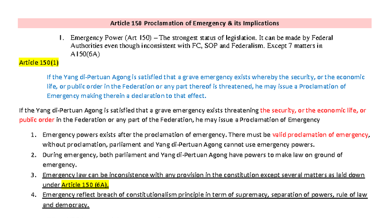 Art 150: Proclamation of Emergency and Its Legal Implications - Studocu