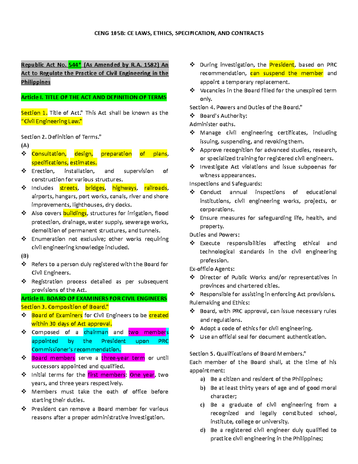 CE LAW 544 - Comprehensive Reviewer for Civil Engineering Act - Studocu