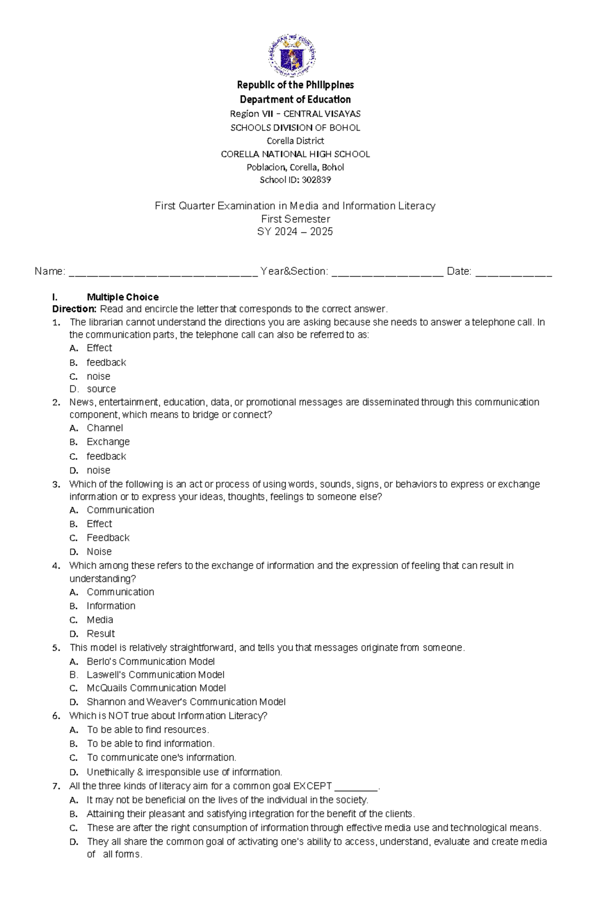 1st Periodic Exam Final - Republic of the Philippines Department of ...