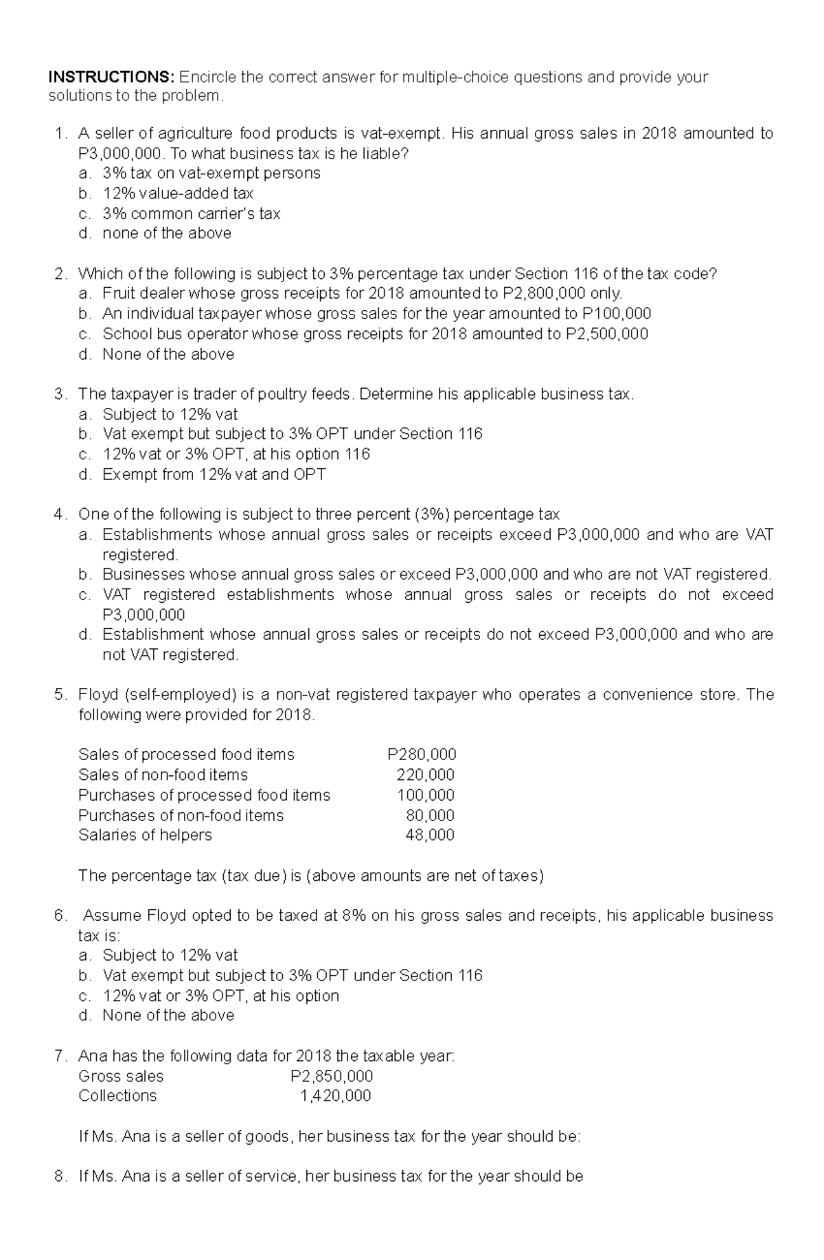 Q-OPT - Notes on Other Percentage Tax Concepts and Applications - Studocu