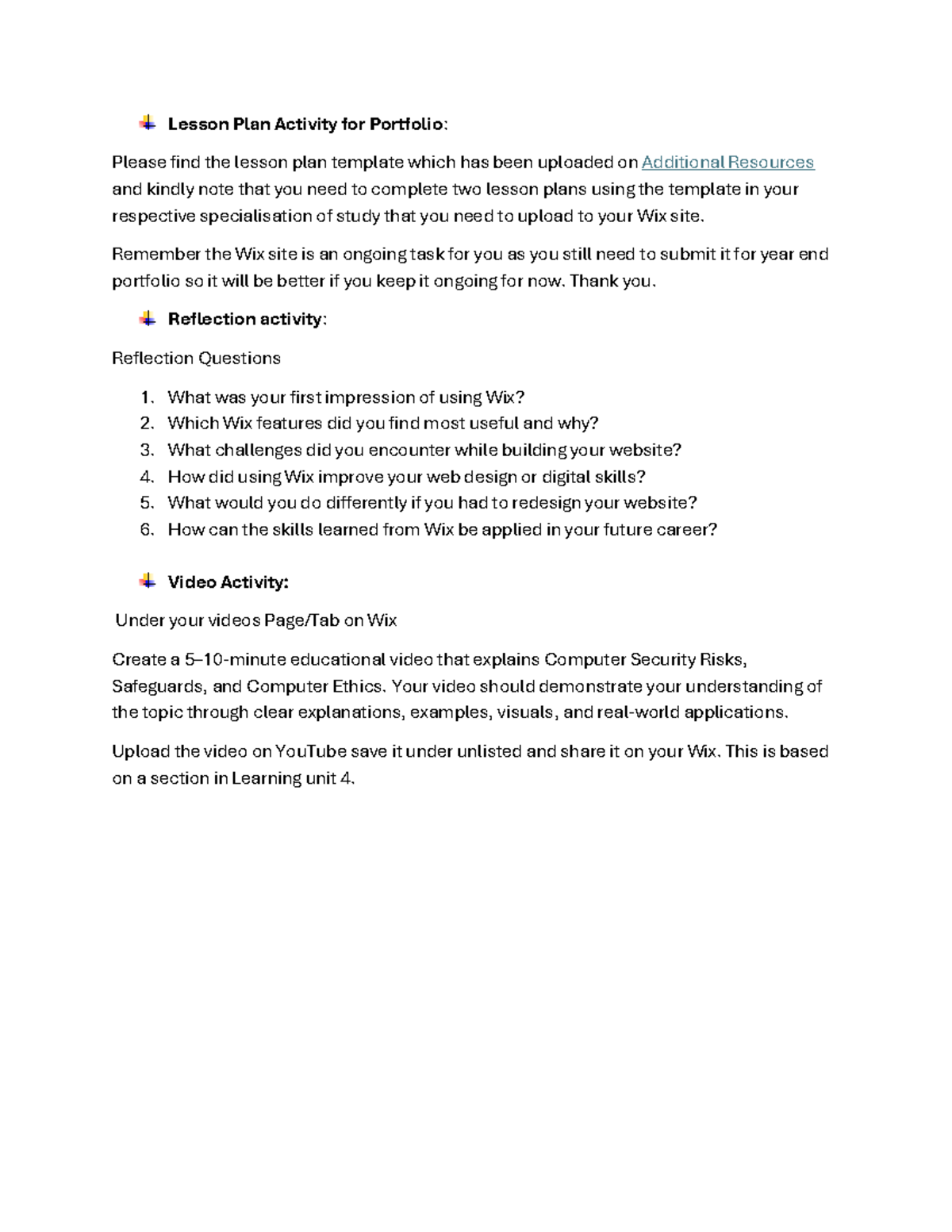 CIC Additional Portfolio Activities: Lesson Plan & Reflection Tasks ...