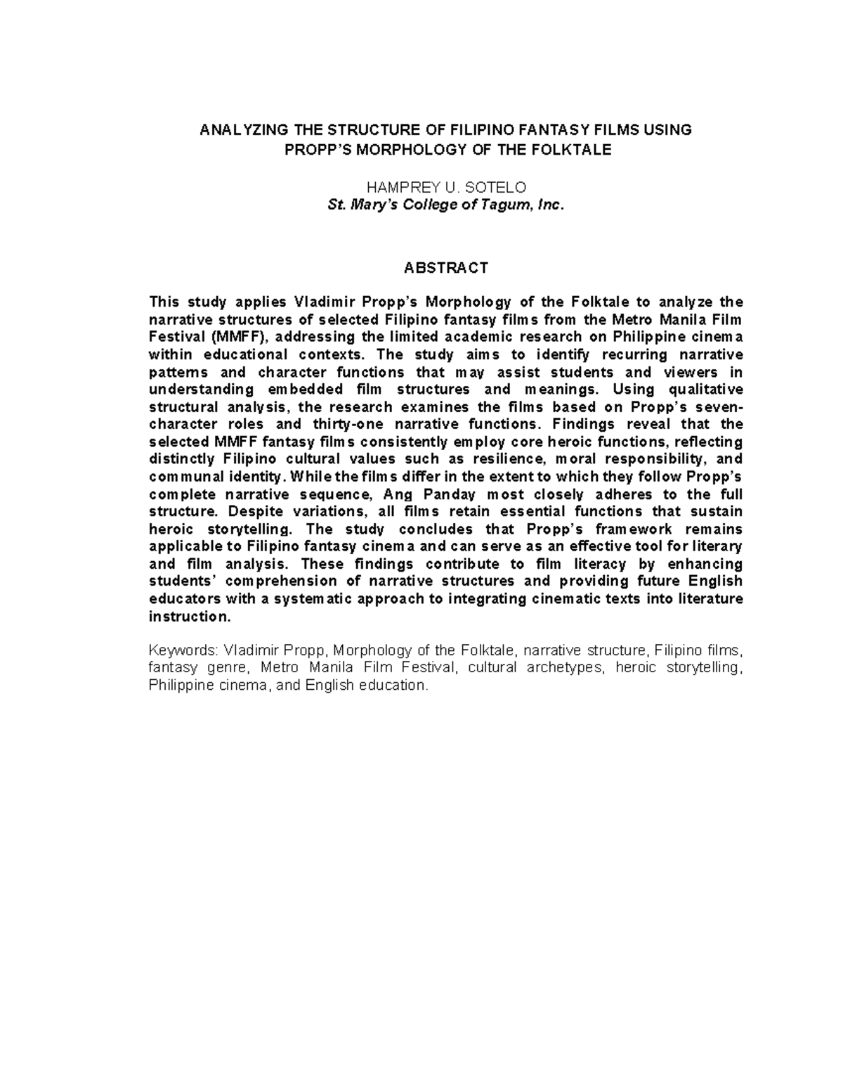 ANALYSIS OF FILIPINO FANTASY FILMS: A MORPHOLOGICAL STUDY - Studocu