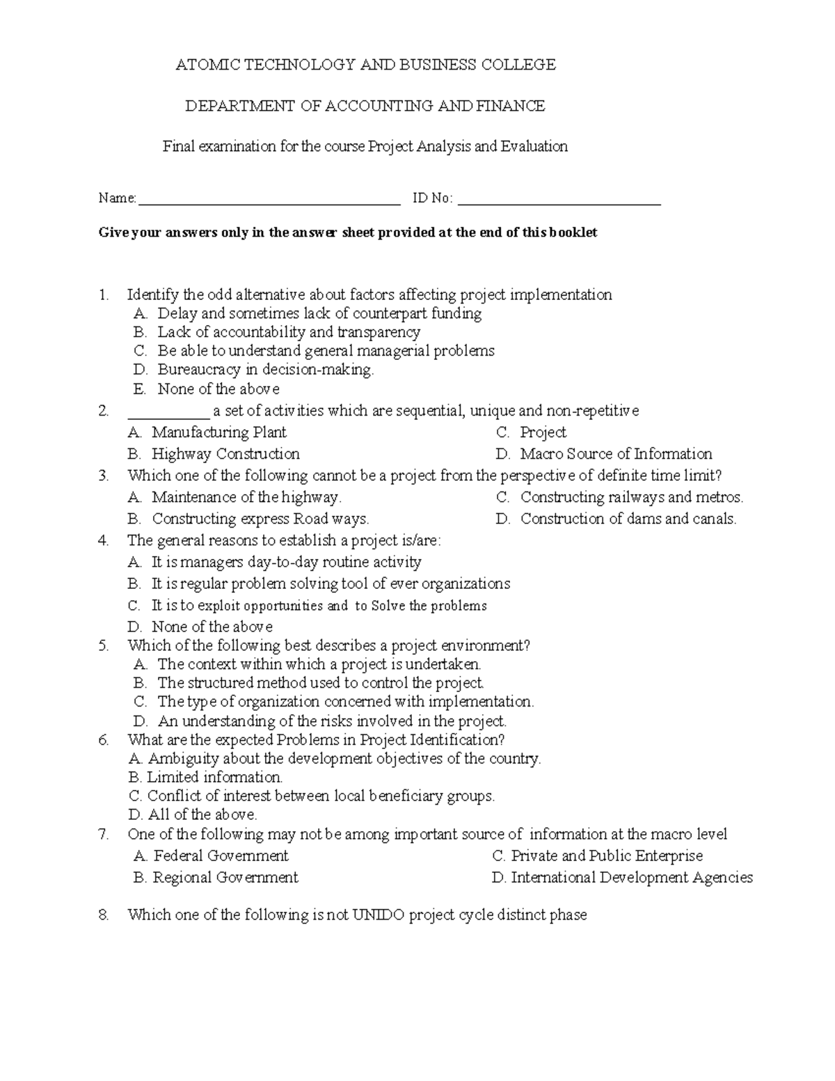 Final Exam ATBC - Project Analysis and Evaluation - Studocu