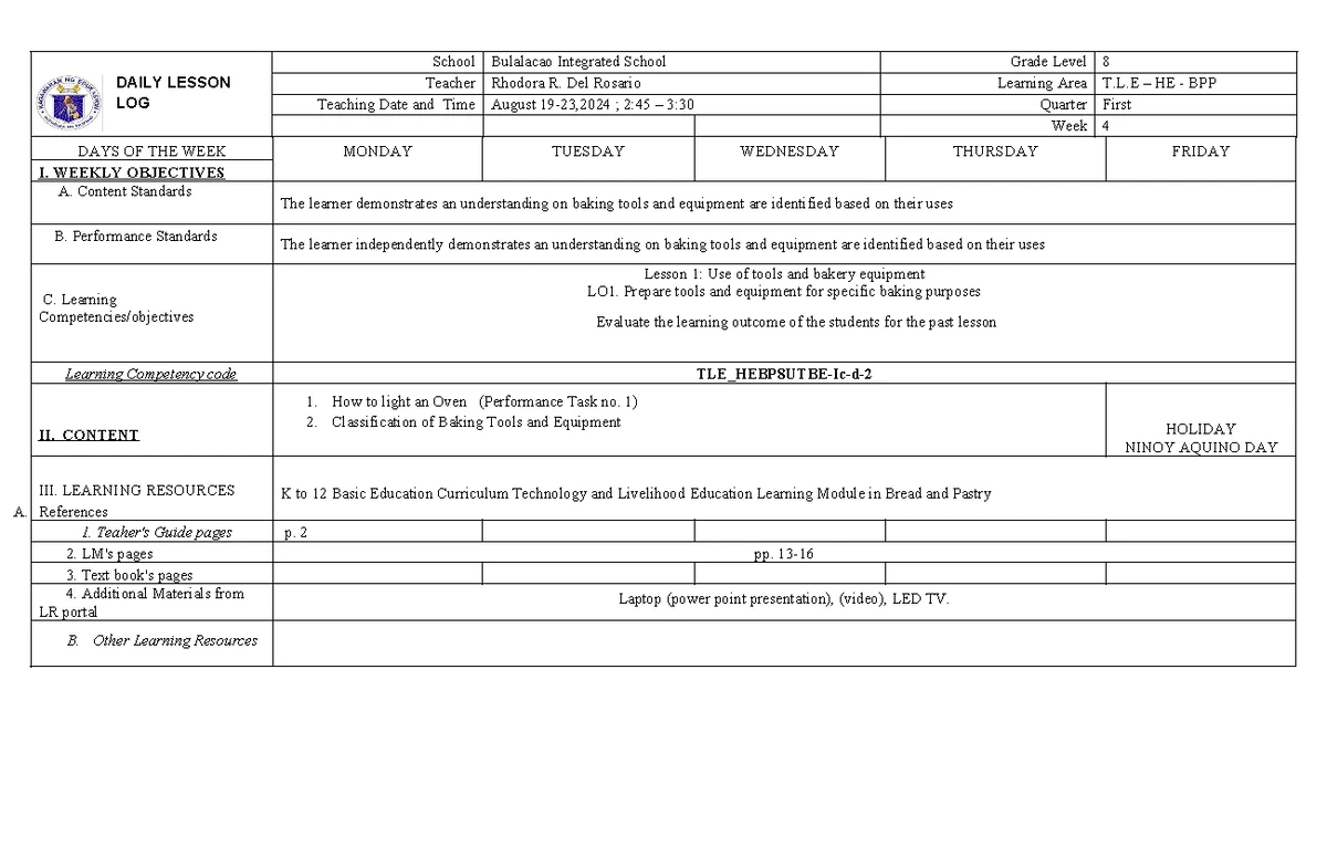 WEEK 2 TLE_HEBP8 - Daily Lesson Log on Bread & Pastry Production - Studocu