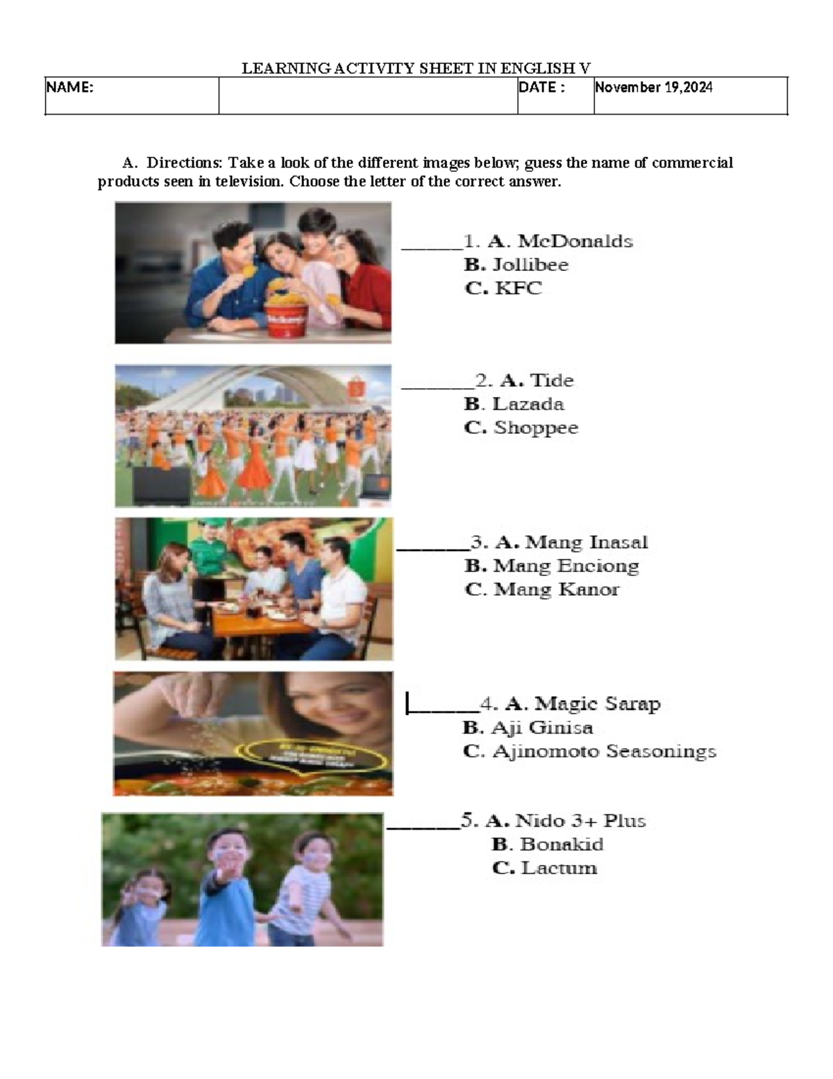 Learning Activity Sheet IN Grade 5 - LEARNING ACTIVITY SHEET IN ENGLISH ...