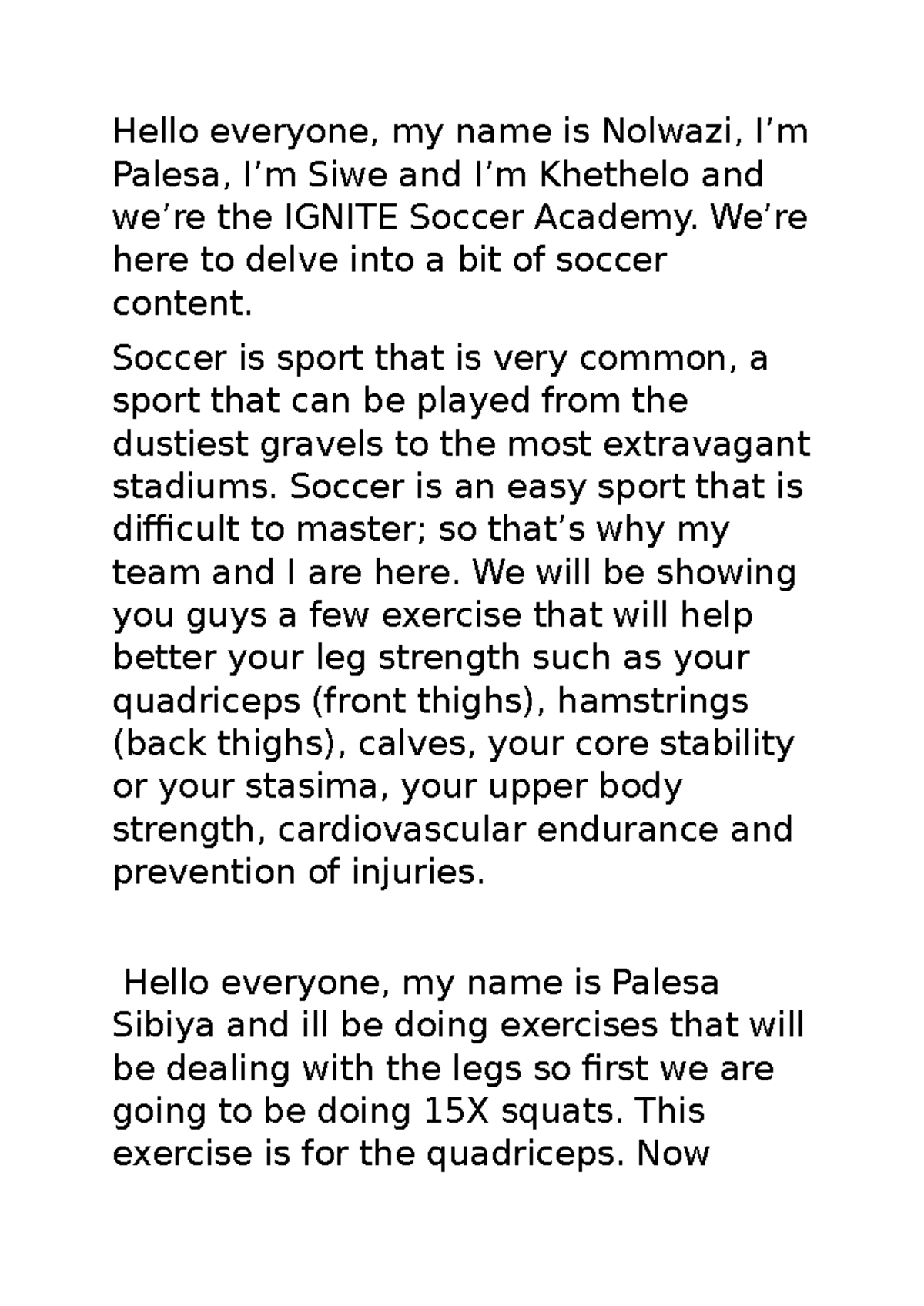 IGNITE Soccer Academy: Leg & Core Strength Exercises Guide - Studocu
