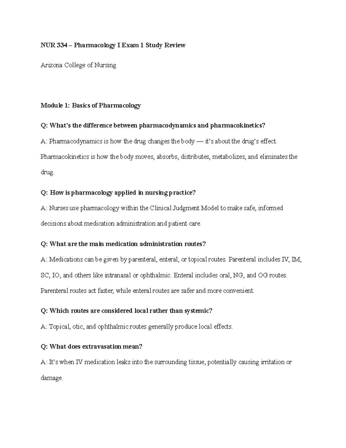 NUR 334 Pharmacology I Exam 1 Study Guide: Key Concepts & Q&A - Studocu