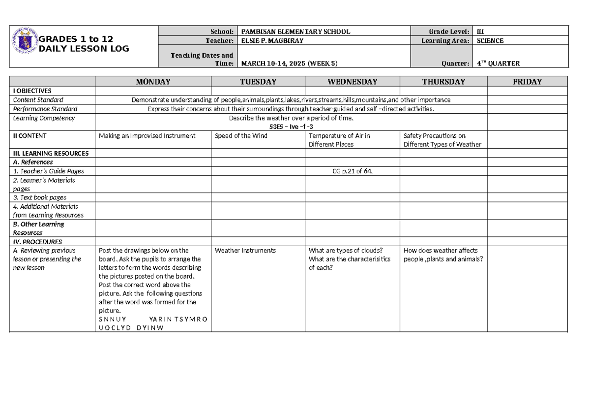 DLL Science 3 Q4 W5 - Lesson Plan on Weather Instruments and Safety ...