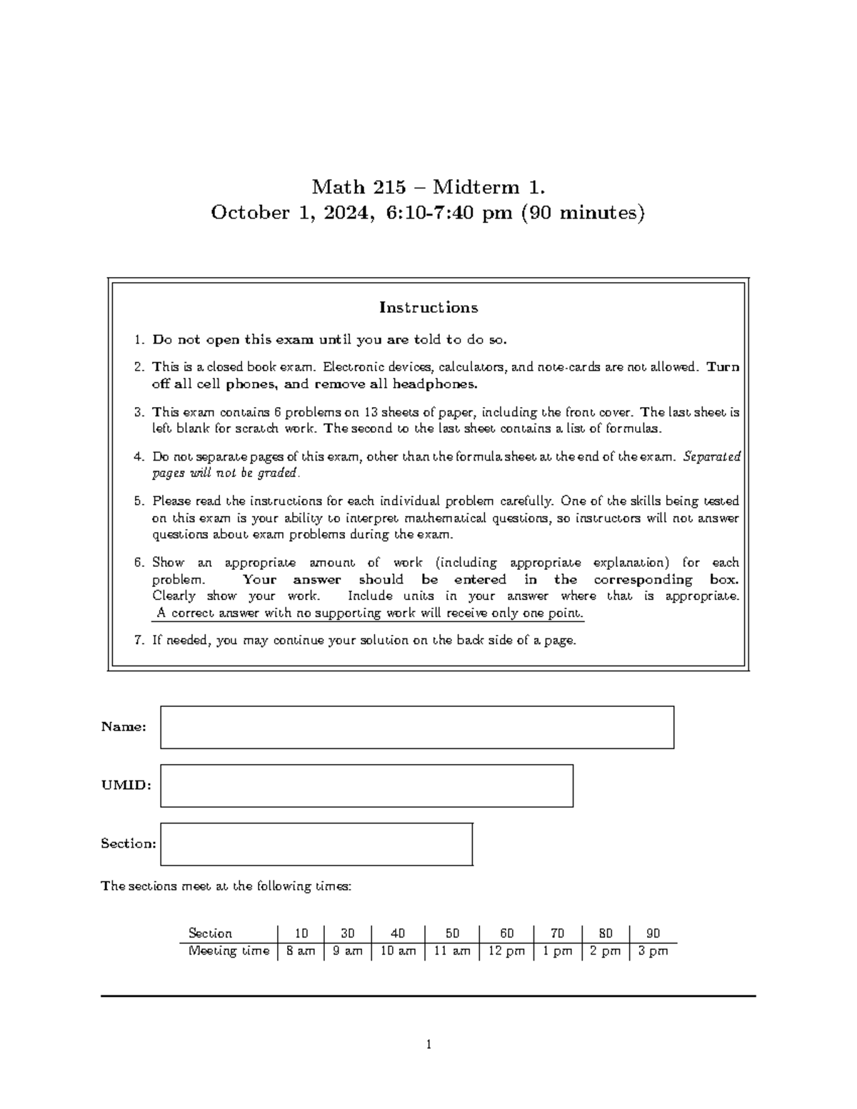 Math 215 Midterm Exam 1 Instructions and Questions - Oct 1, 2024 - Studocu