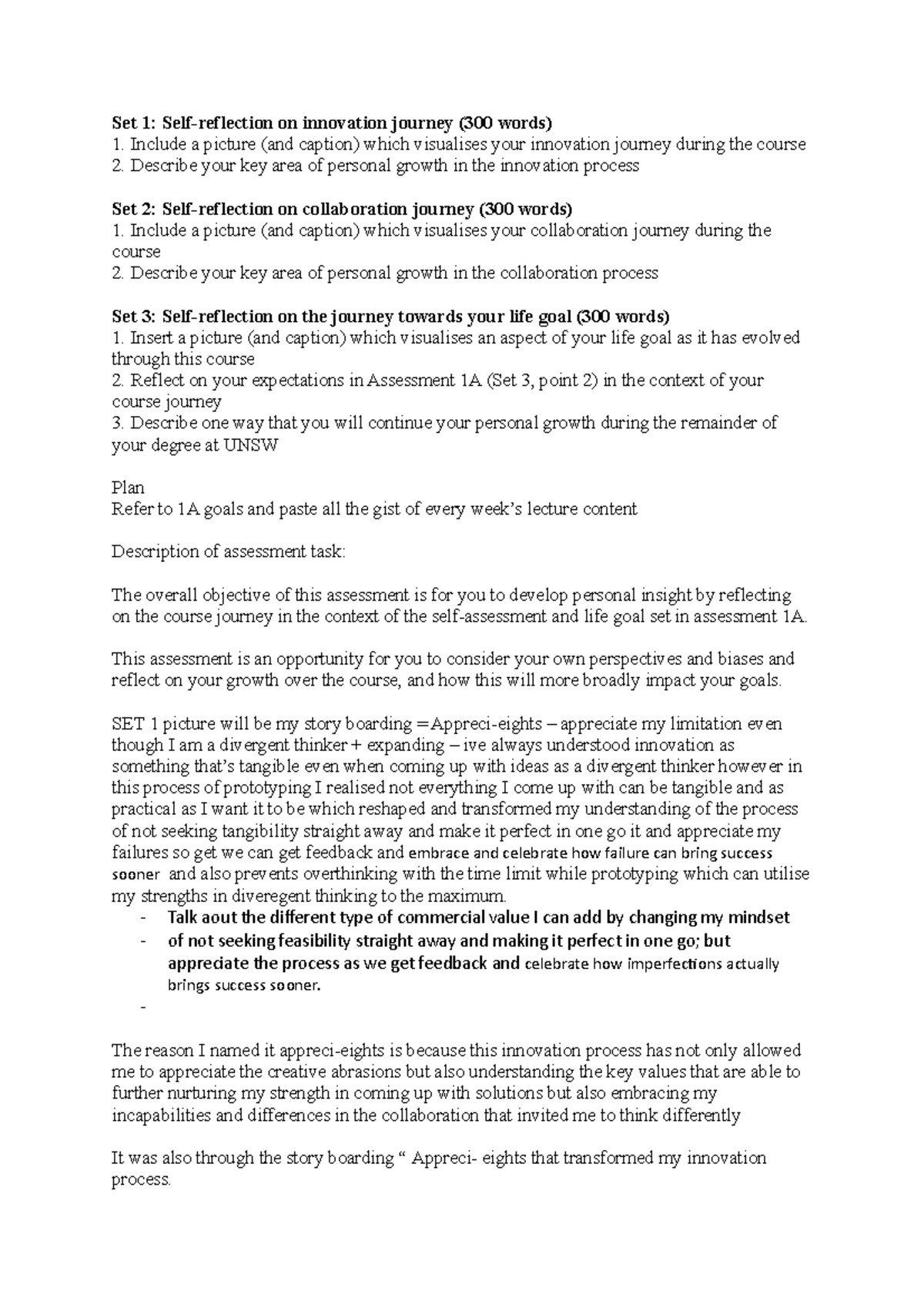 Assessment 1B Reflection - Set 1: Self-reflection on innovation journey ...