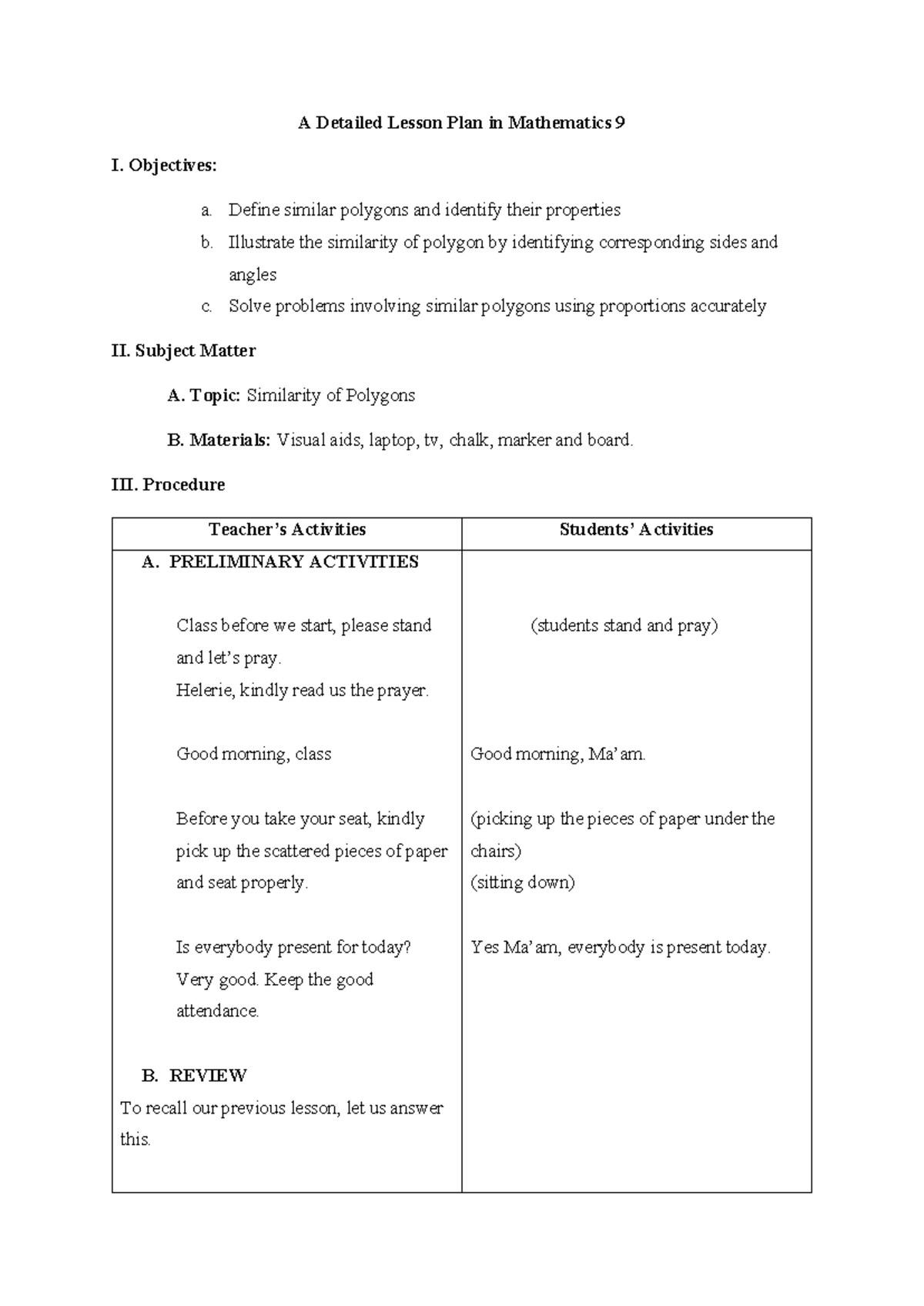 DLP: Similar Polygons in Mathematics 9 - Lesson Plan - Studocu