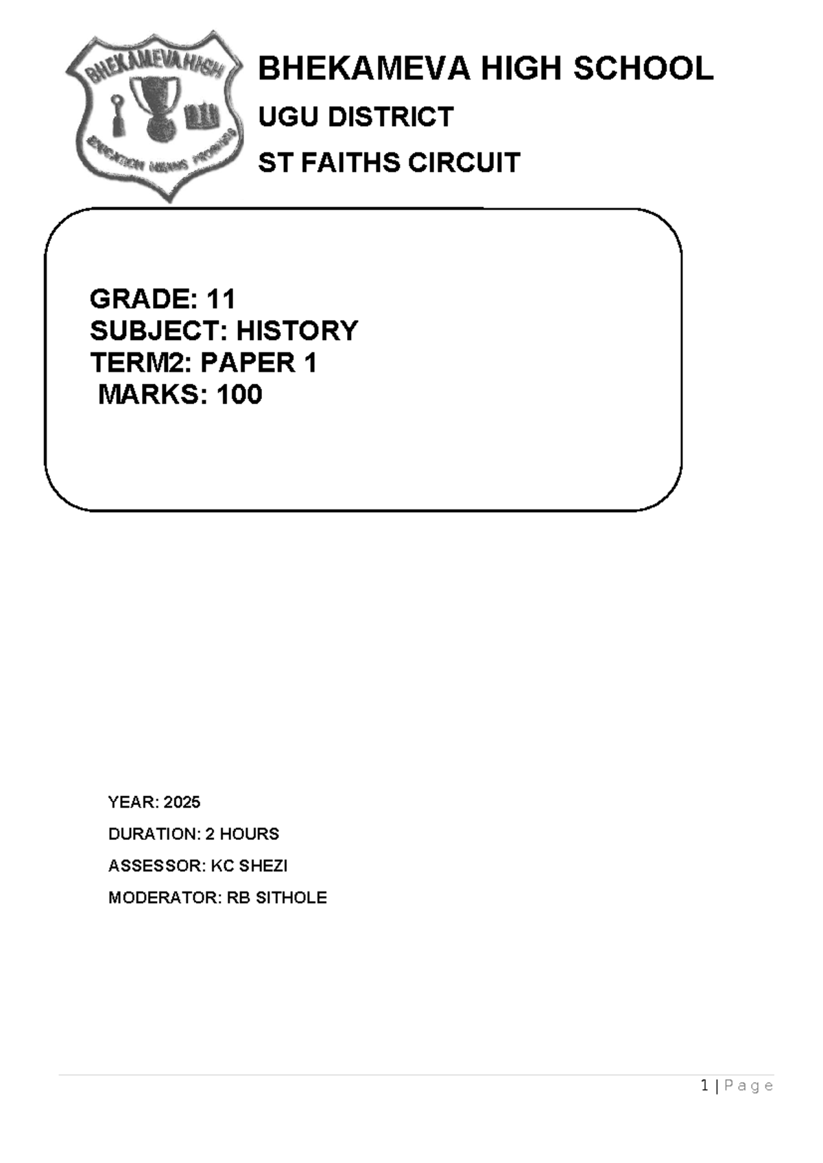 TERM 2 2025 History Paper 1 - Grade 11 Assessment - Studocu