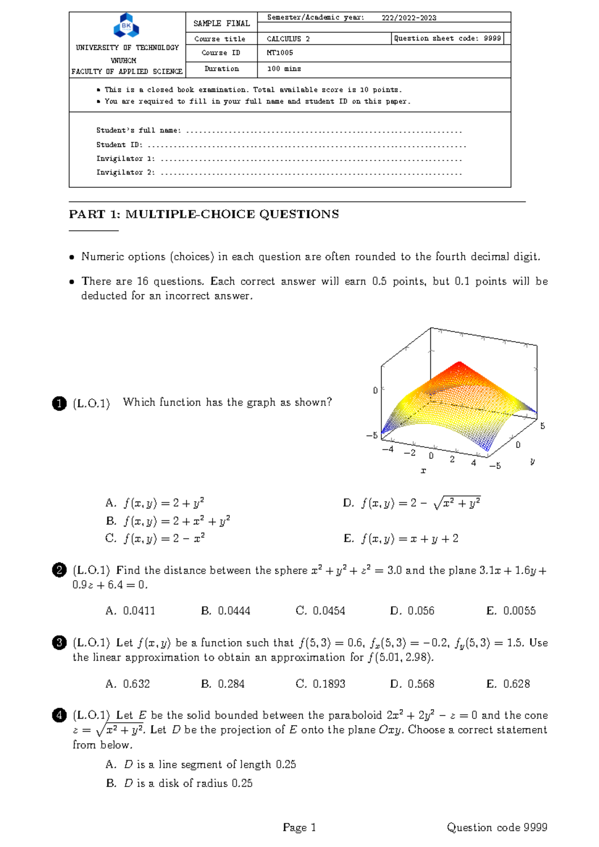 HK222 MT - Sample Final Exam Questions - Calculus 2 - Studocu