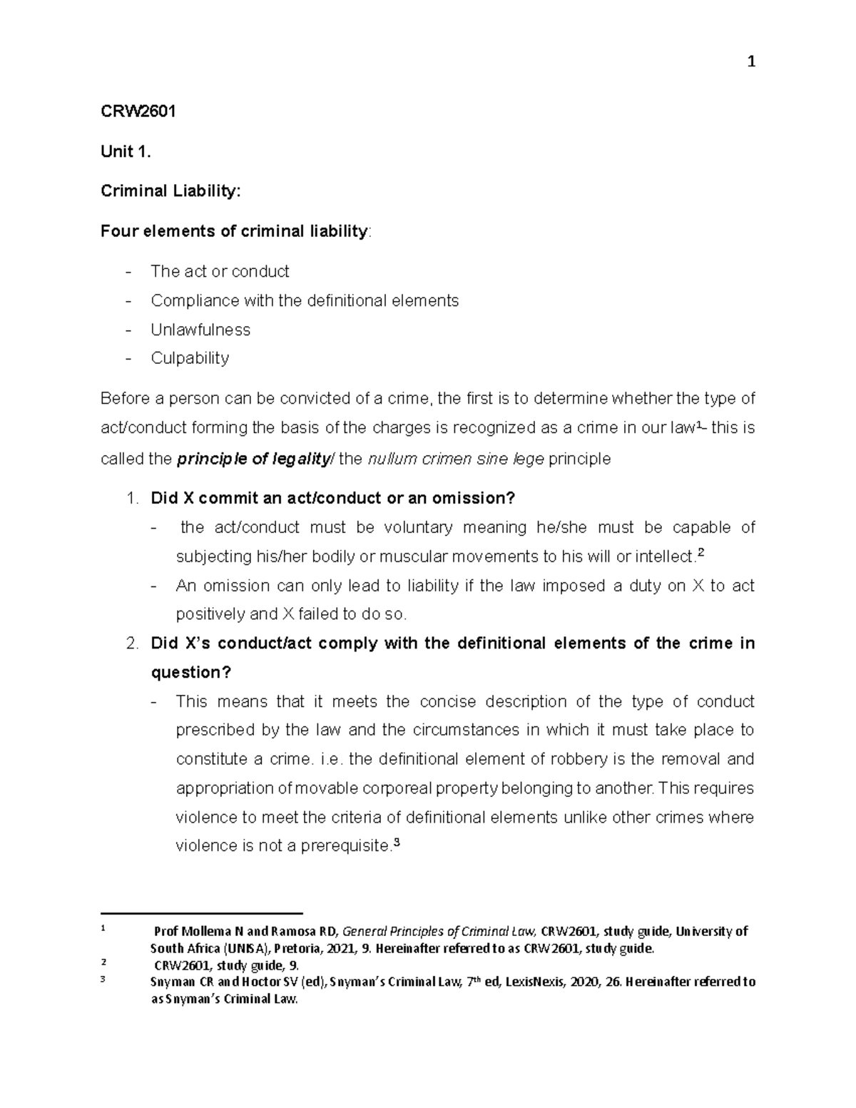 CRW2601 Study Notes: Units 1 & 2 on Criminal Liability Principles - Studocu