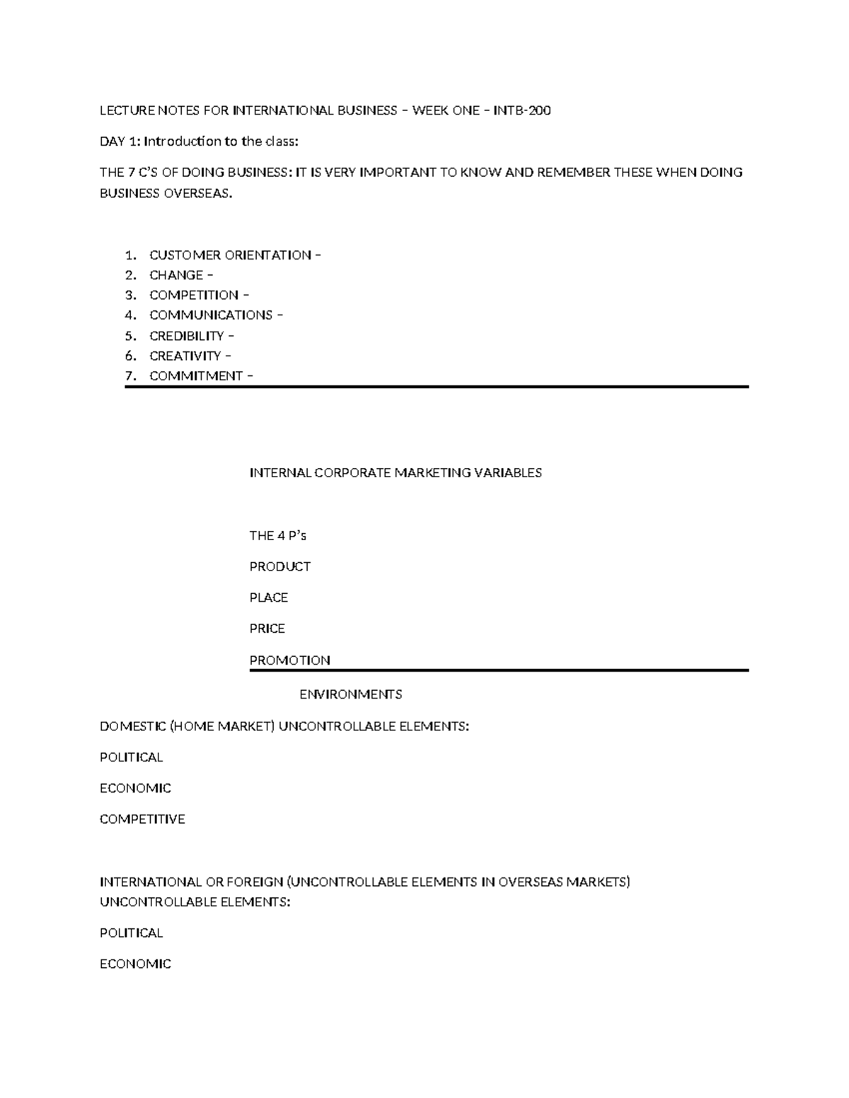 LECTURE NOTES FOR INTB-200: WEEK ONE - Intro to International Business ...