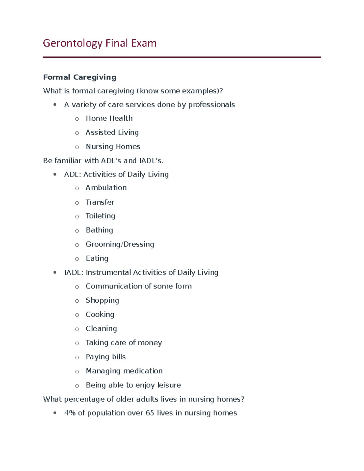 Gerontology Final Exam Study Guide: Key Concepts & Care Types - Studocu