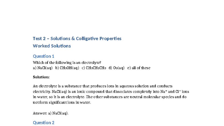 Test 2 Solutions: Colligative Properties Practice Questions - Studocu