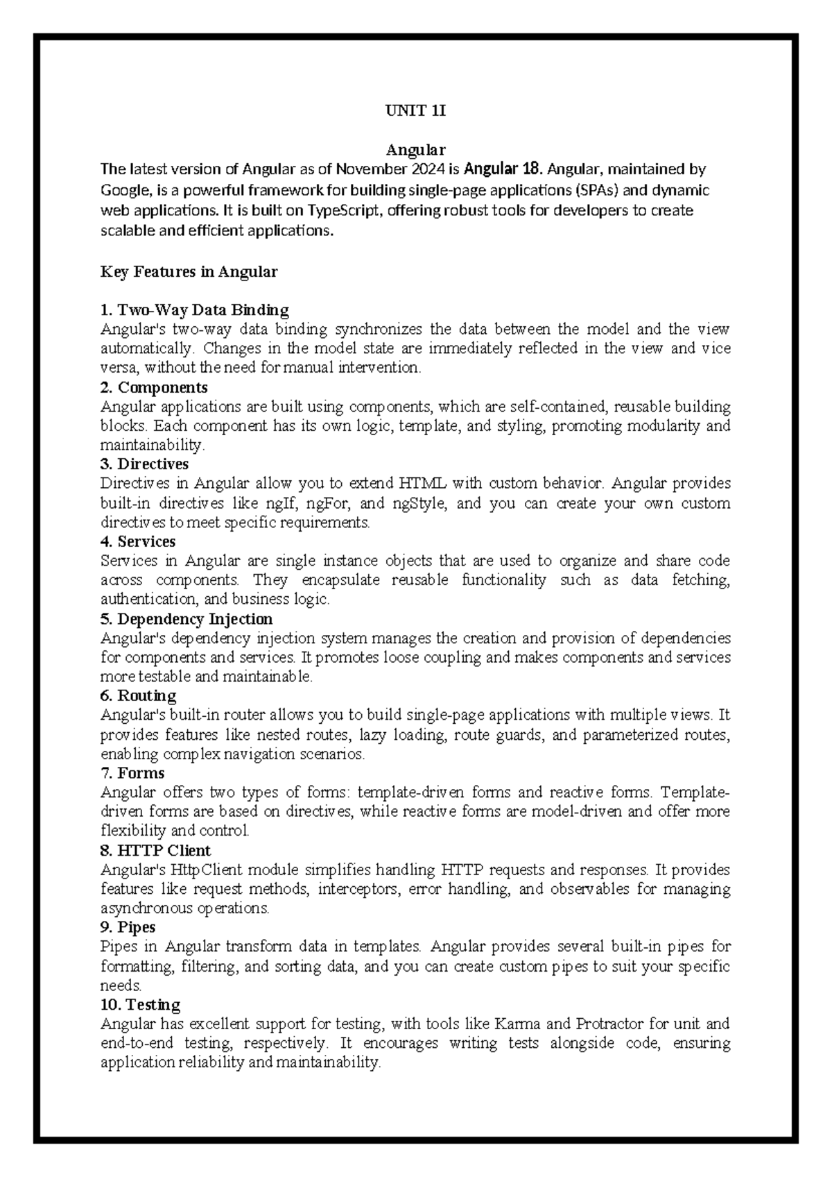Unit 2 angular - UNIT 1I Angular The latest version of Angular as of ...