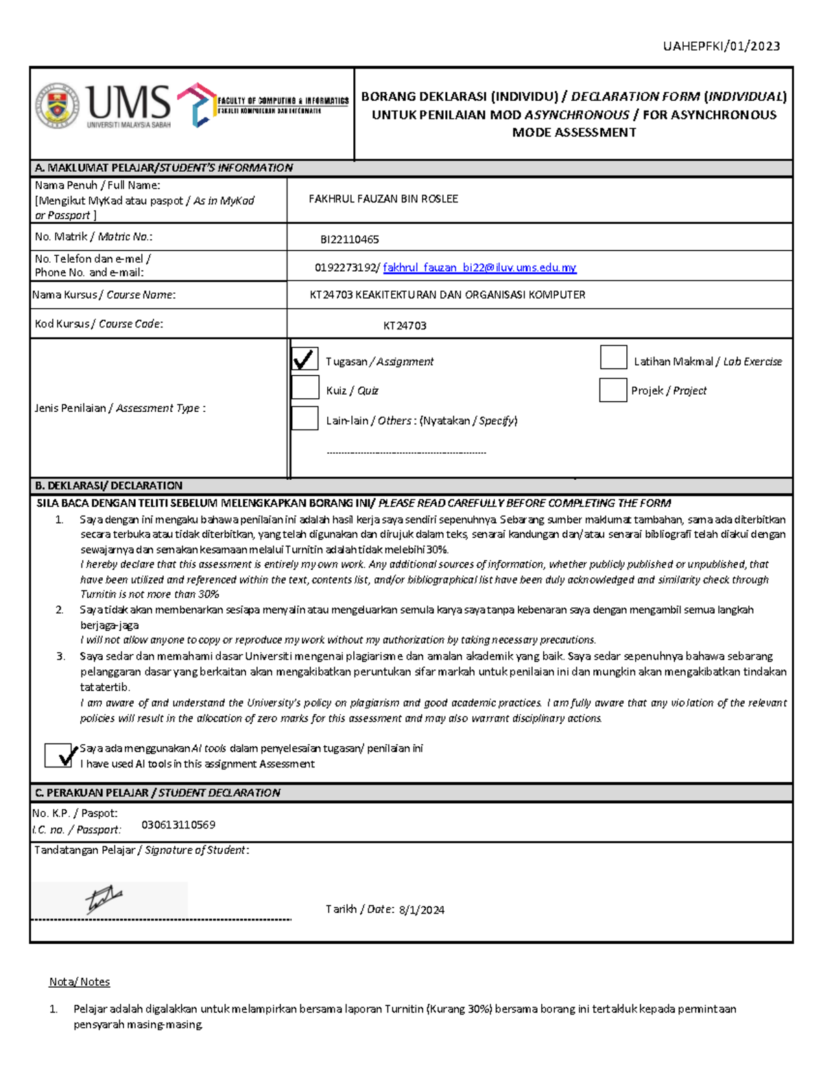 KT24703 Individual Assignment 2 - Declaration Form for Assessment - Studocu