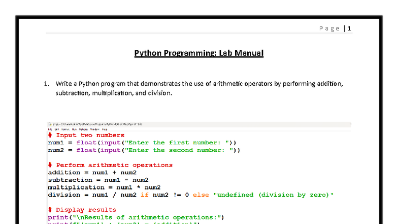 Python Programming Lab Manual 1: Arithmetic & Data Types - Studocu