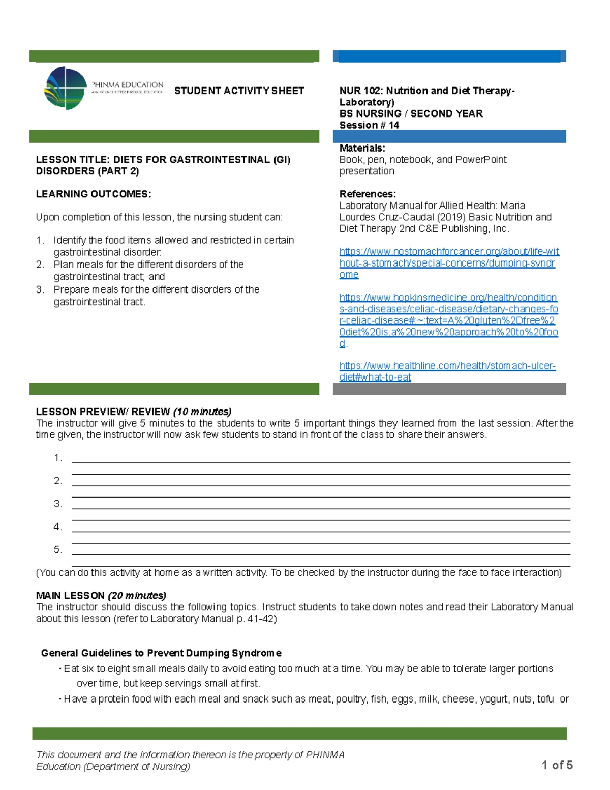 NUR 102: Lesson on Diets for GI Disorders - Session 13 Notes - Studocu