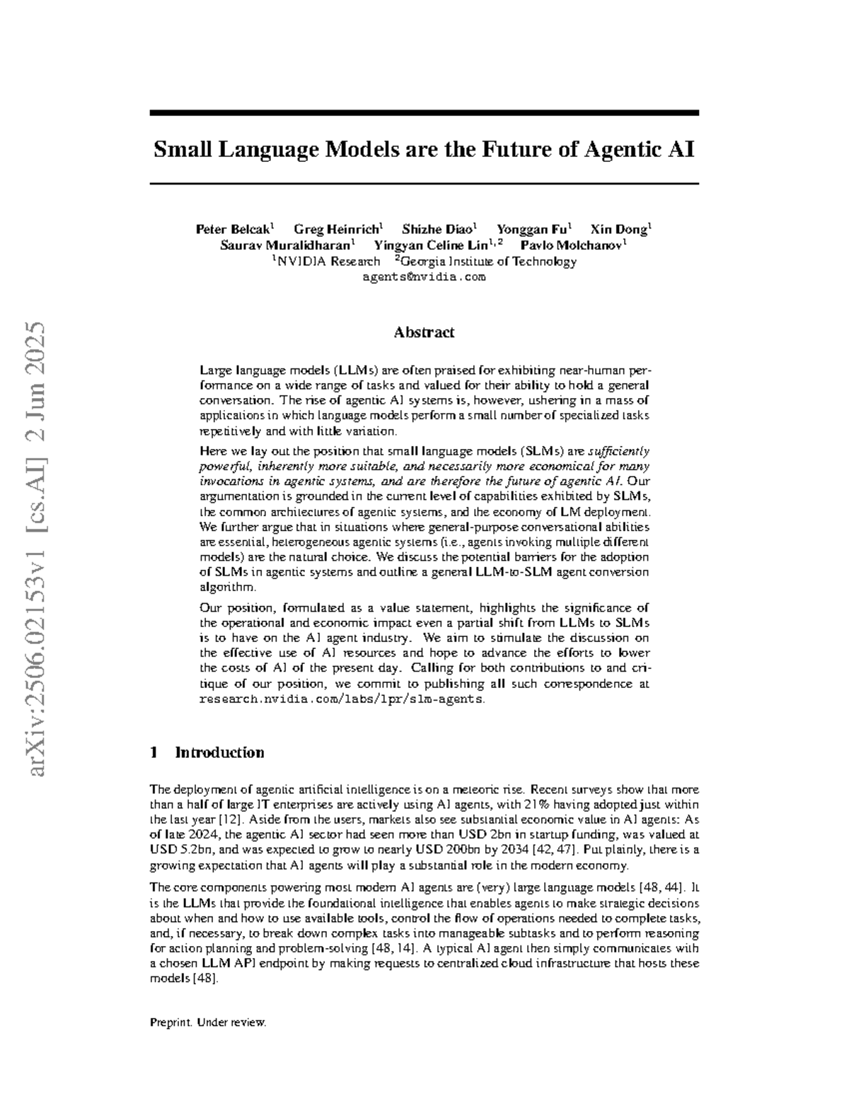 Small Language Models: The Future of Agentic AI (arXiv:2506.02153v1 ...