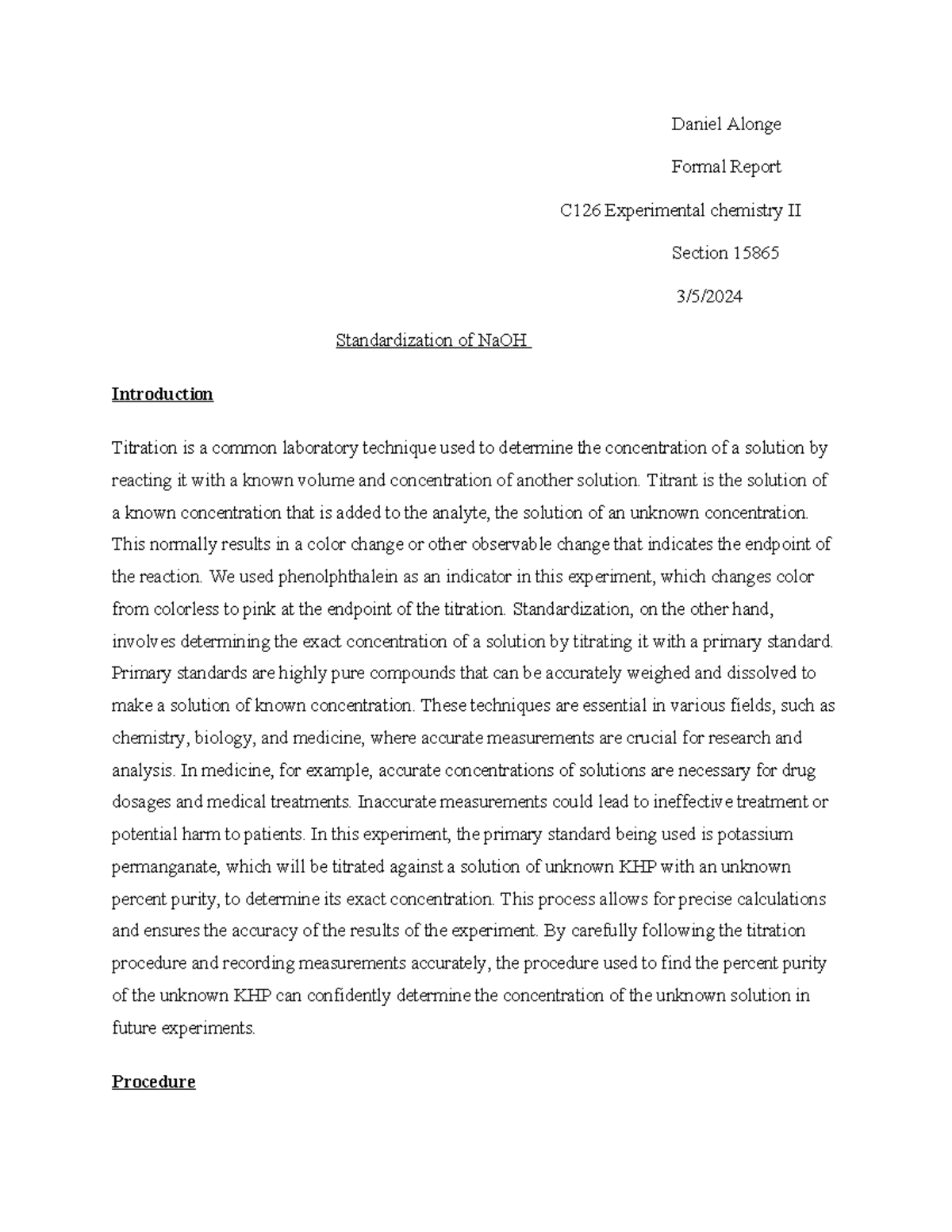 C126 Experimental Chemistry II: Revamped Standardization Report - Studocu