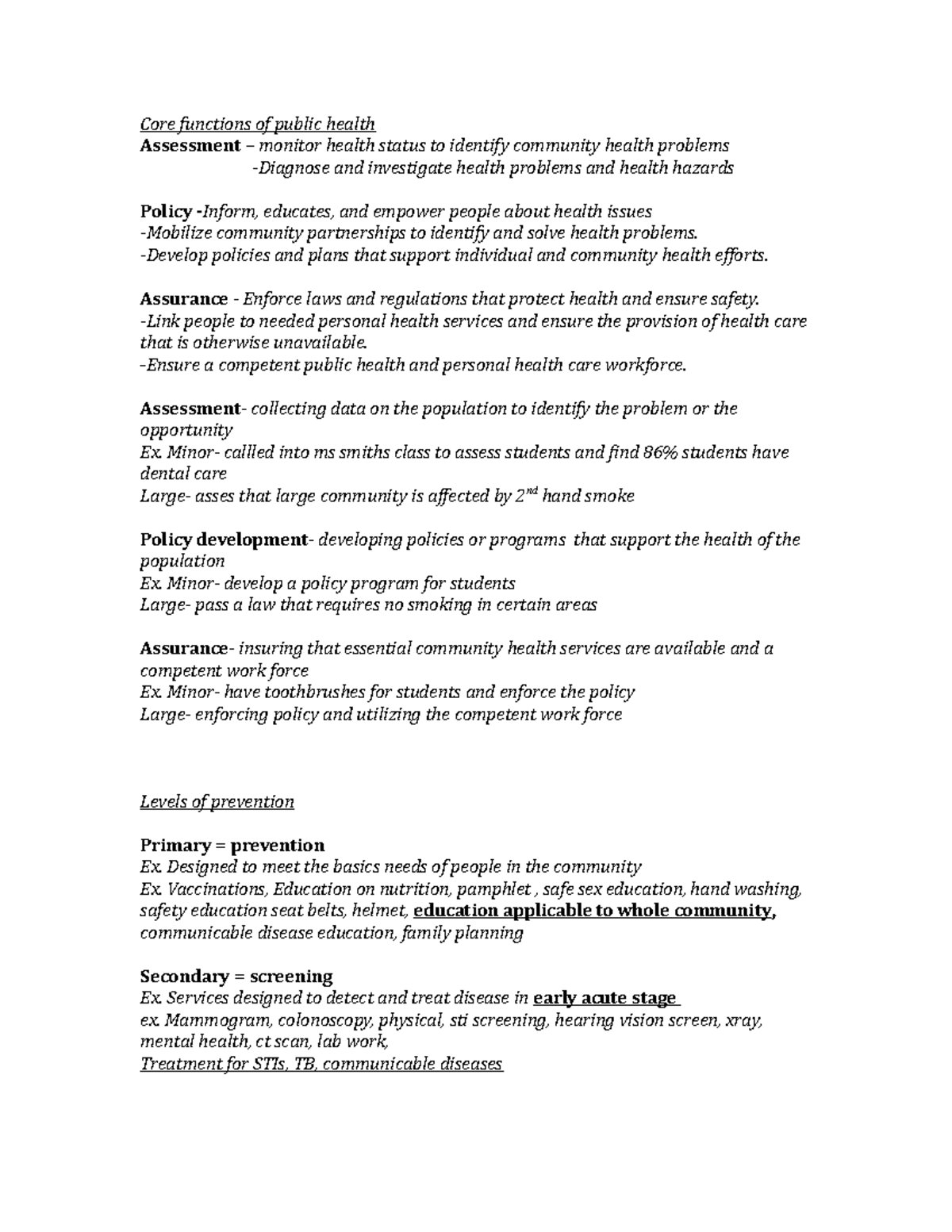 N340- finalexamguide - final notes - Core functions of public health ...