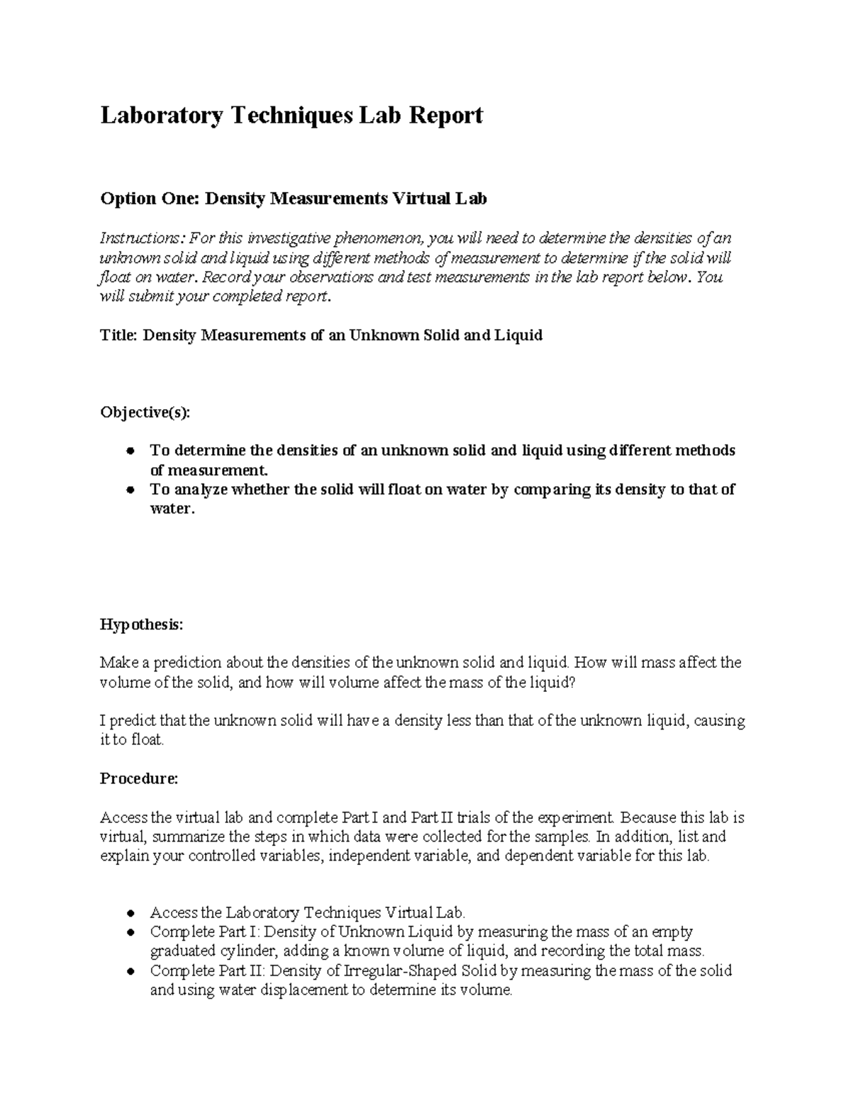 Laboratory techniques option one report - Laboratory Techniques Lab ...