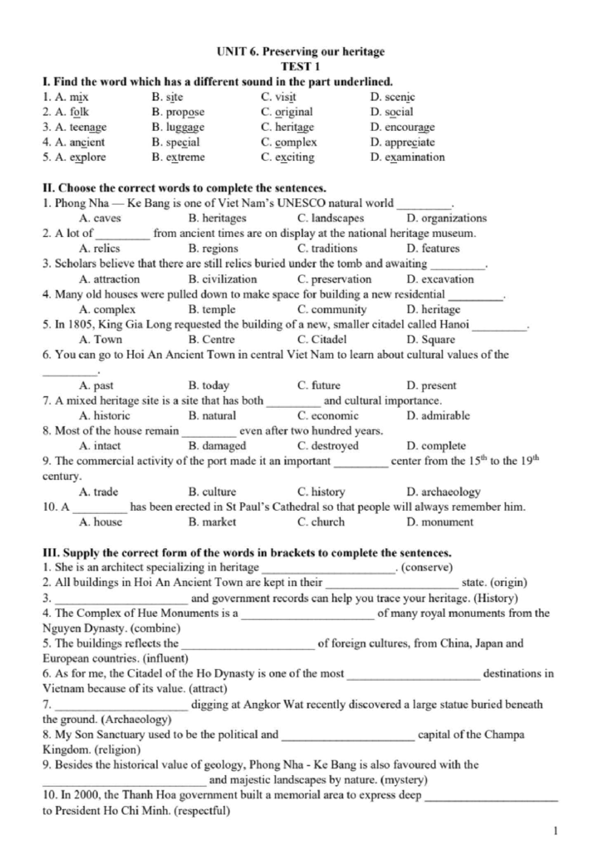 UNIT 6. Preserving Our Heritage - Test 1 & 2 Review - Studocu