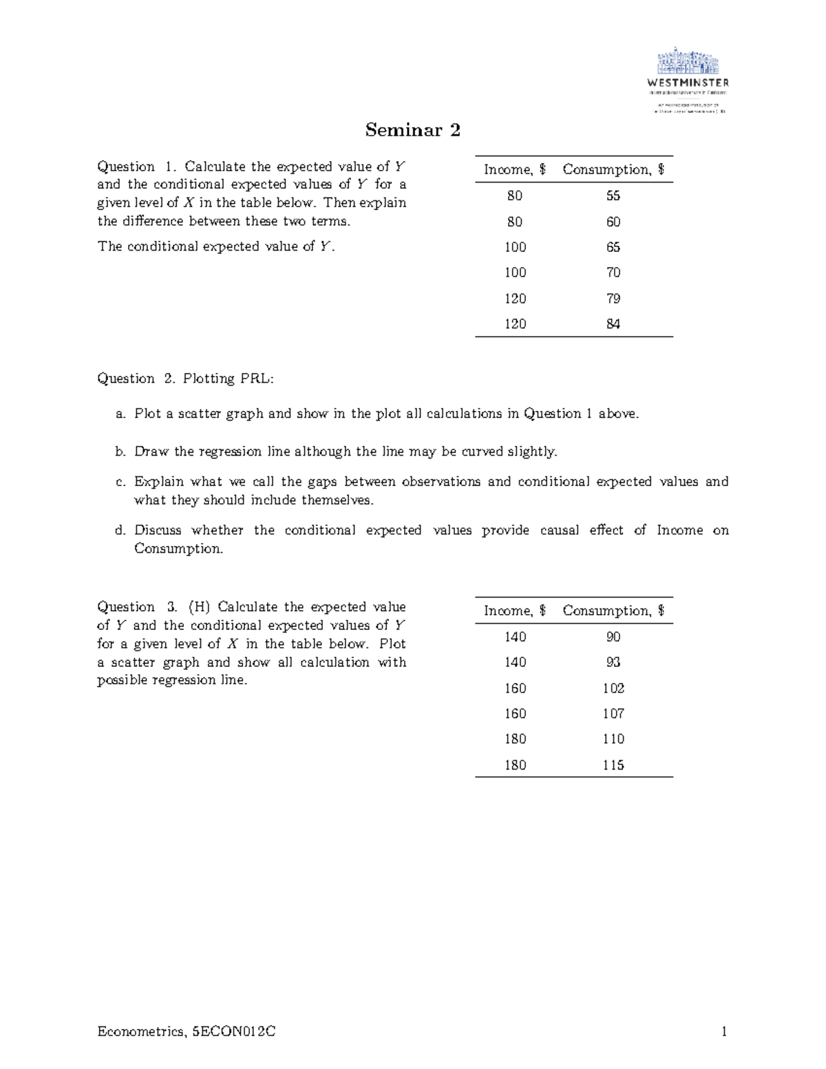 Seminar 2 econometrics questions and expected value calculations - Studocu