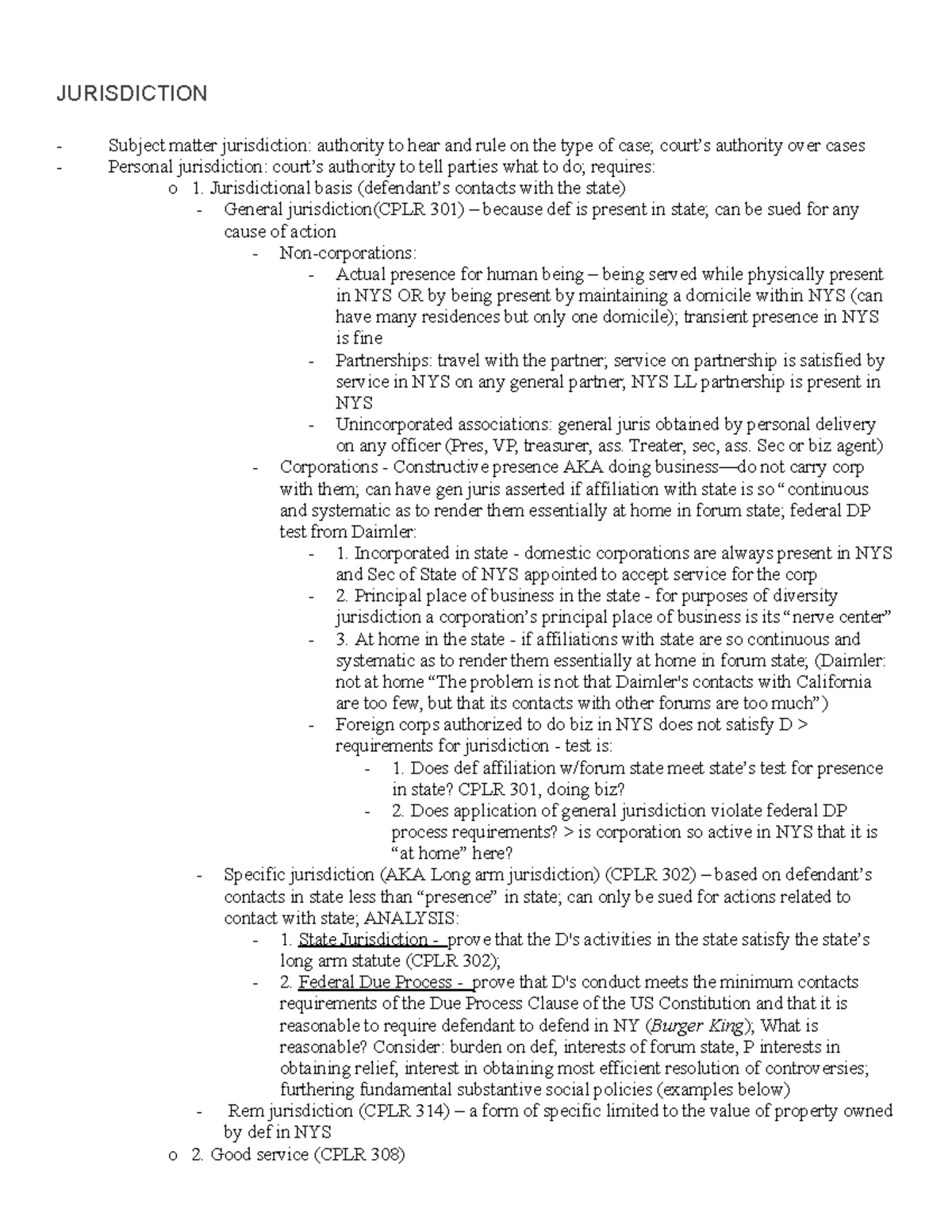 NYP LAW 101 Midterm Study Outline - Lecture Notes on Jurisdiction - Studocu