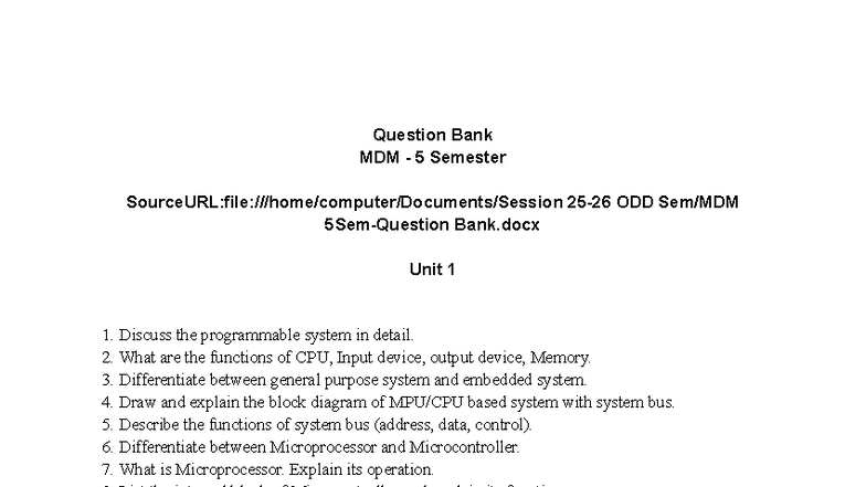 MDM 5 Sem Question Bank: Microprocessor & Microcontroller Concepts ...