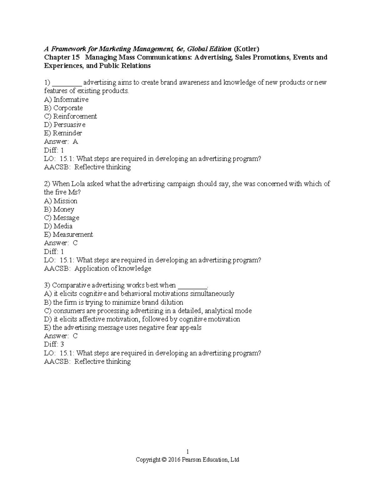 Chapter 15 - Marketing Exam Practice Questions and Answers - Studeersnel