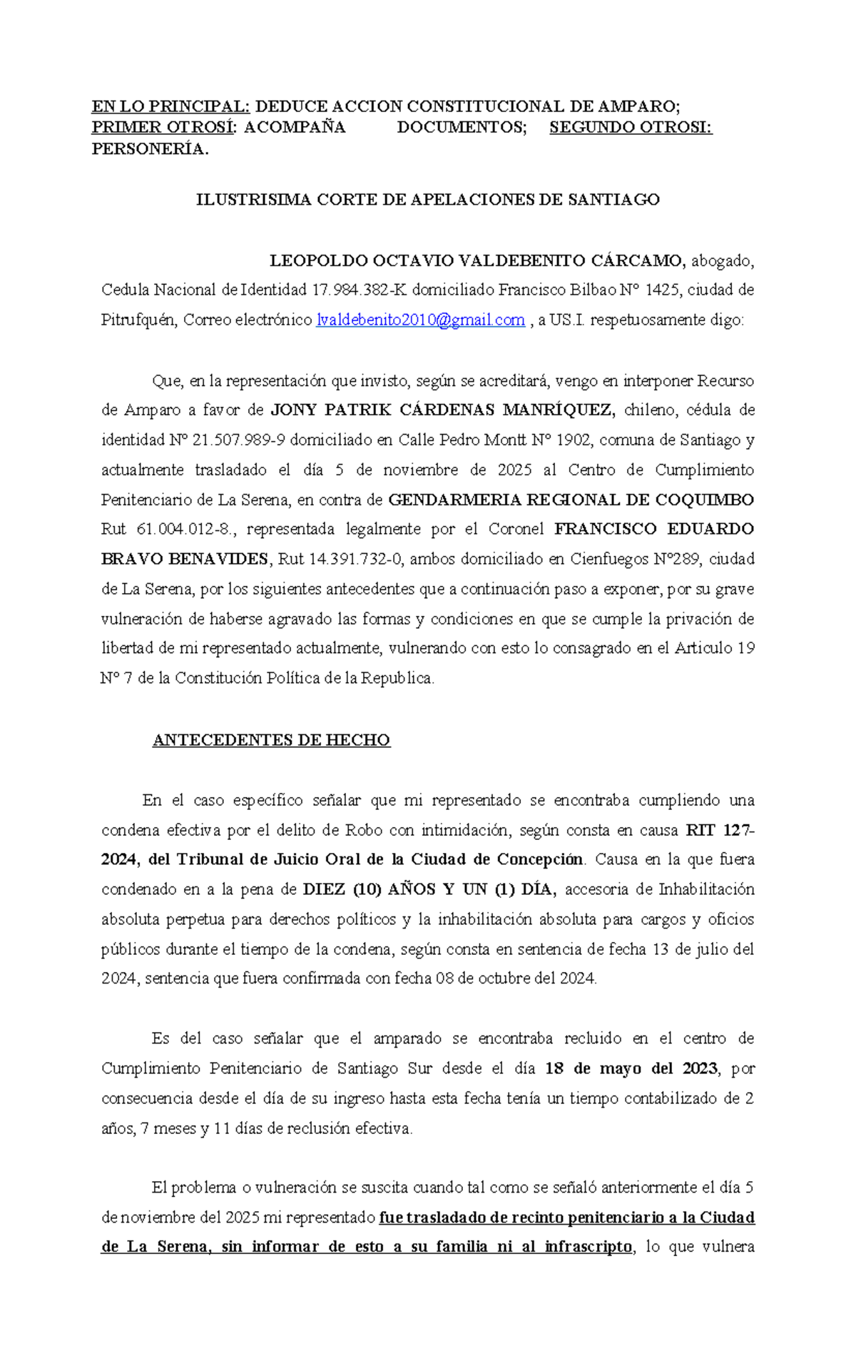 Modelo de Recurso de Amparo - Acción Constitucional (Derechos Humanos ...