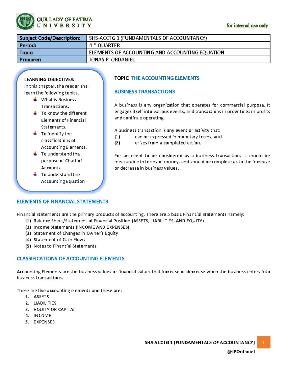 SHS-ACCTG 1 Fundamentals: Accounting Elements Final Exam Guide - Studocu