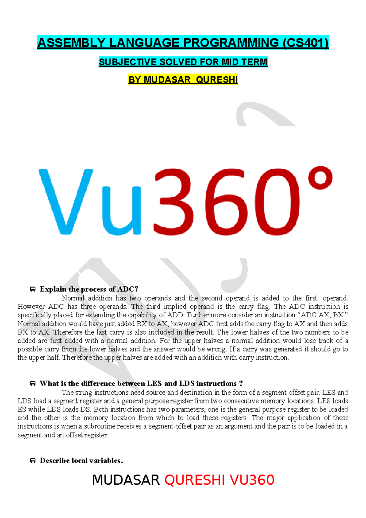 CS401 Midterm Short Notes on Assembly Language Programming - Studocu
