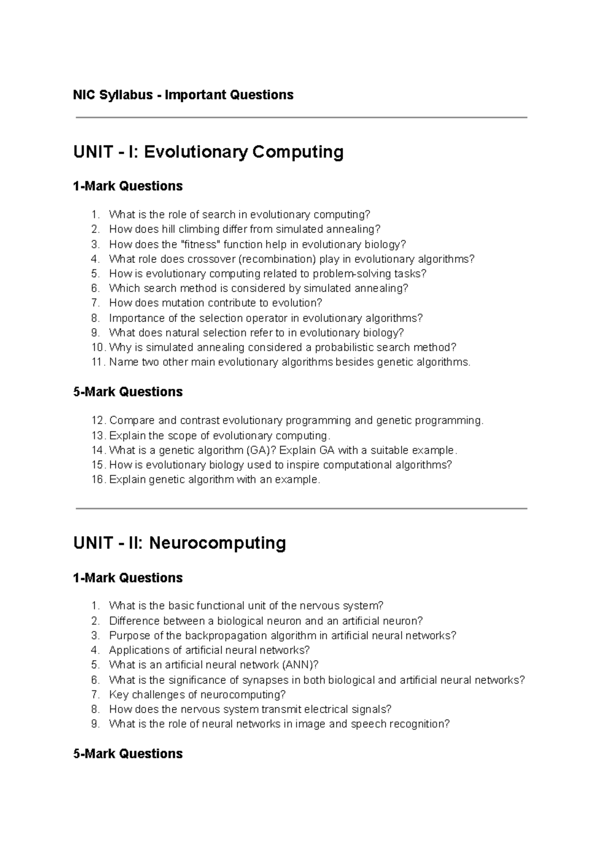 NIC Mid 1 Important Questions: Evolutionary & Neurocomputing - Studocu