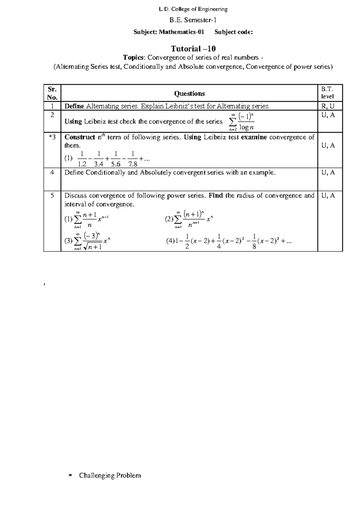 Tutorial-10 Mathematics-1 2024 25 - L. College of Engineering B ...