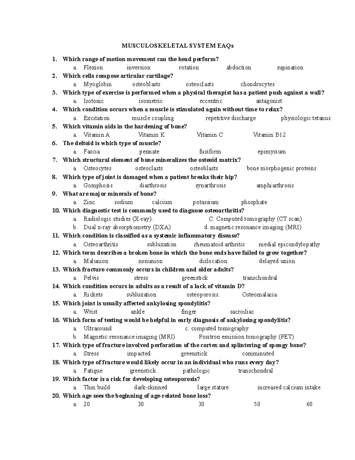 MUSCULOSKELETAL SYSTEM EAQs - Quiz Review - Studocu