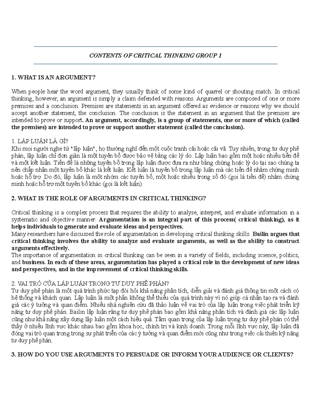 Contents OF Critical Thinking - CONTENTS OF CRITICAL THINKING GROUP 1 1 ...