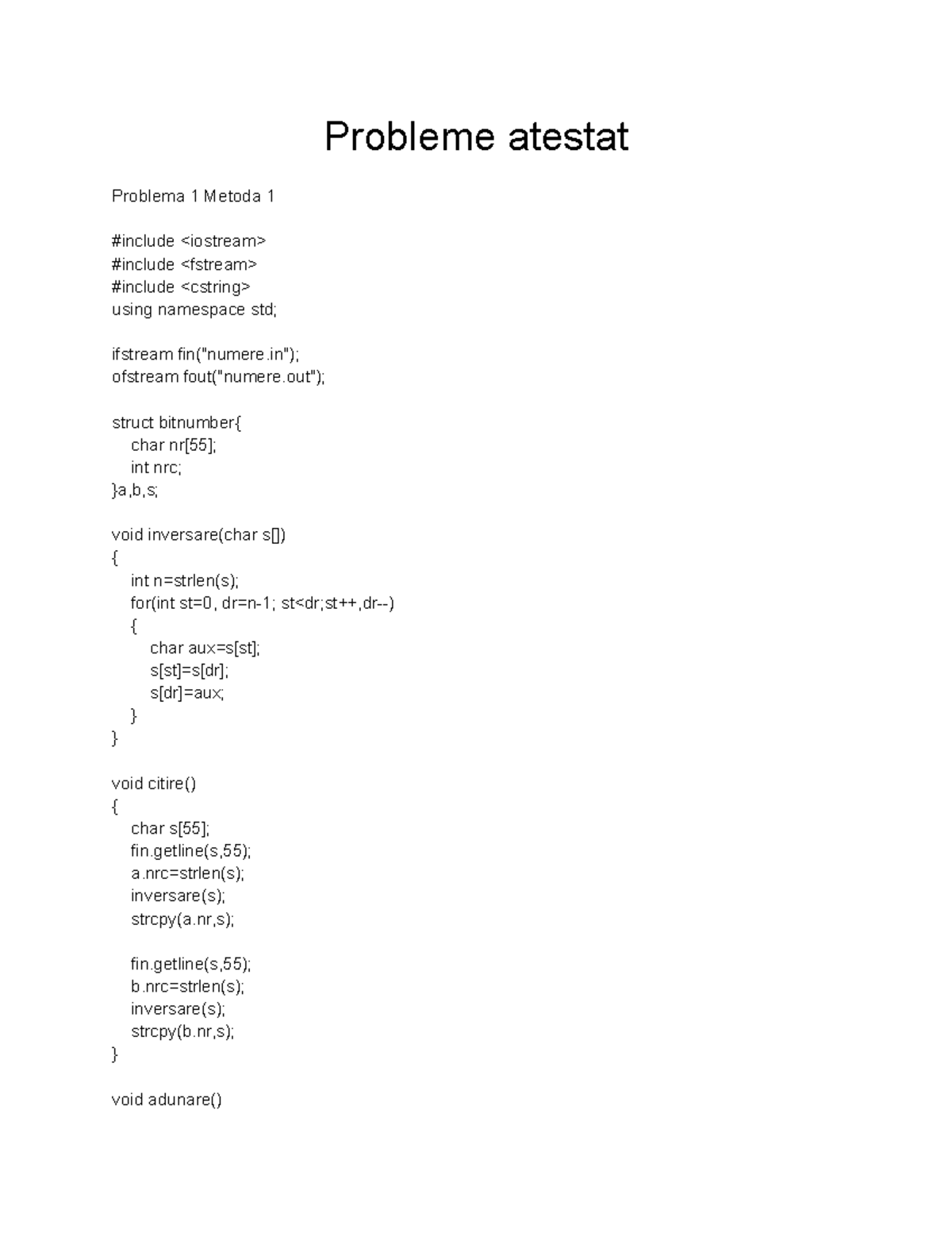 Atestat Probleme 1-9 - Metode și Funcții în C++ - Studocu