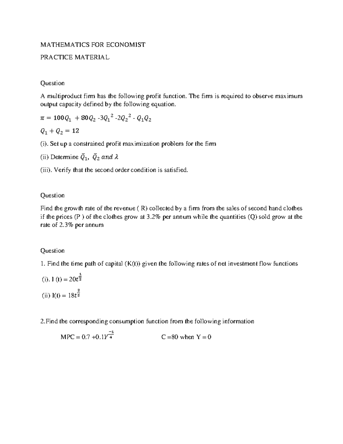 Mathematics FOR Economist practice material - MATHEMATICS FOR ECONOMIST ...
