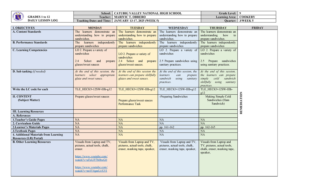 Cookery 9 DLL: Third Quarter Daily Lesson Log (Weeks 5-7) - Studocu