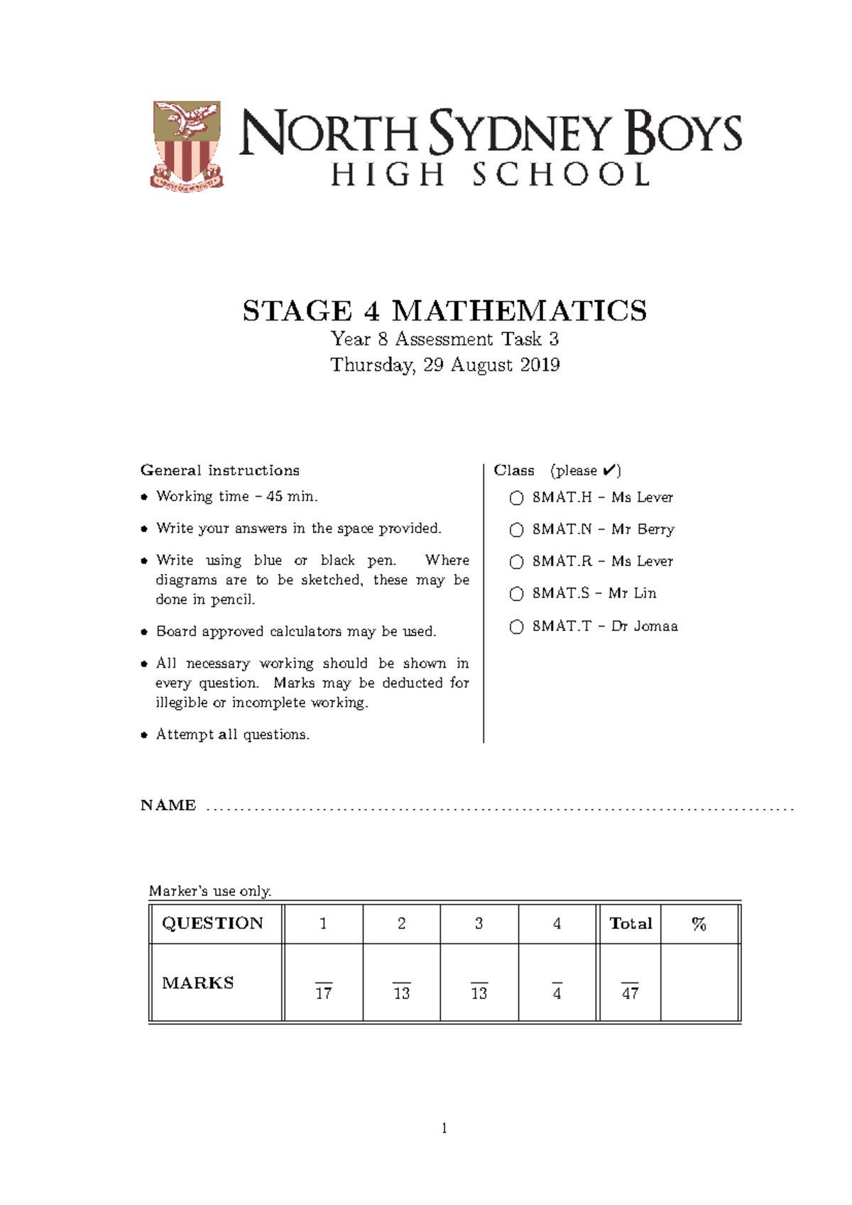 2019 Year 8 Mathematics Assessment Task 3 (Stage 4) - Studocu